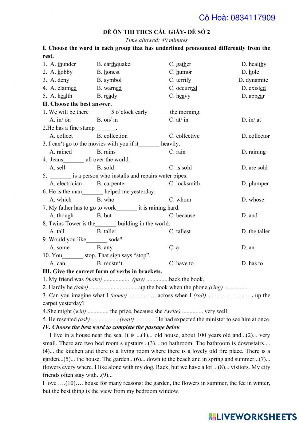 Đề luyện thi vào trường Cầu Giấy đề số 2