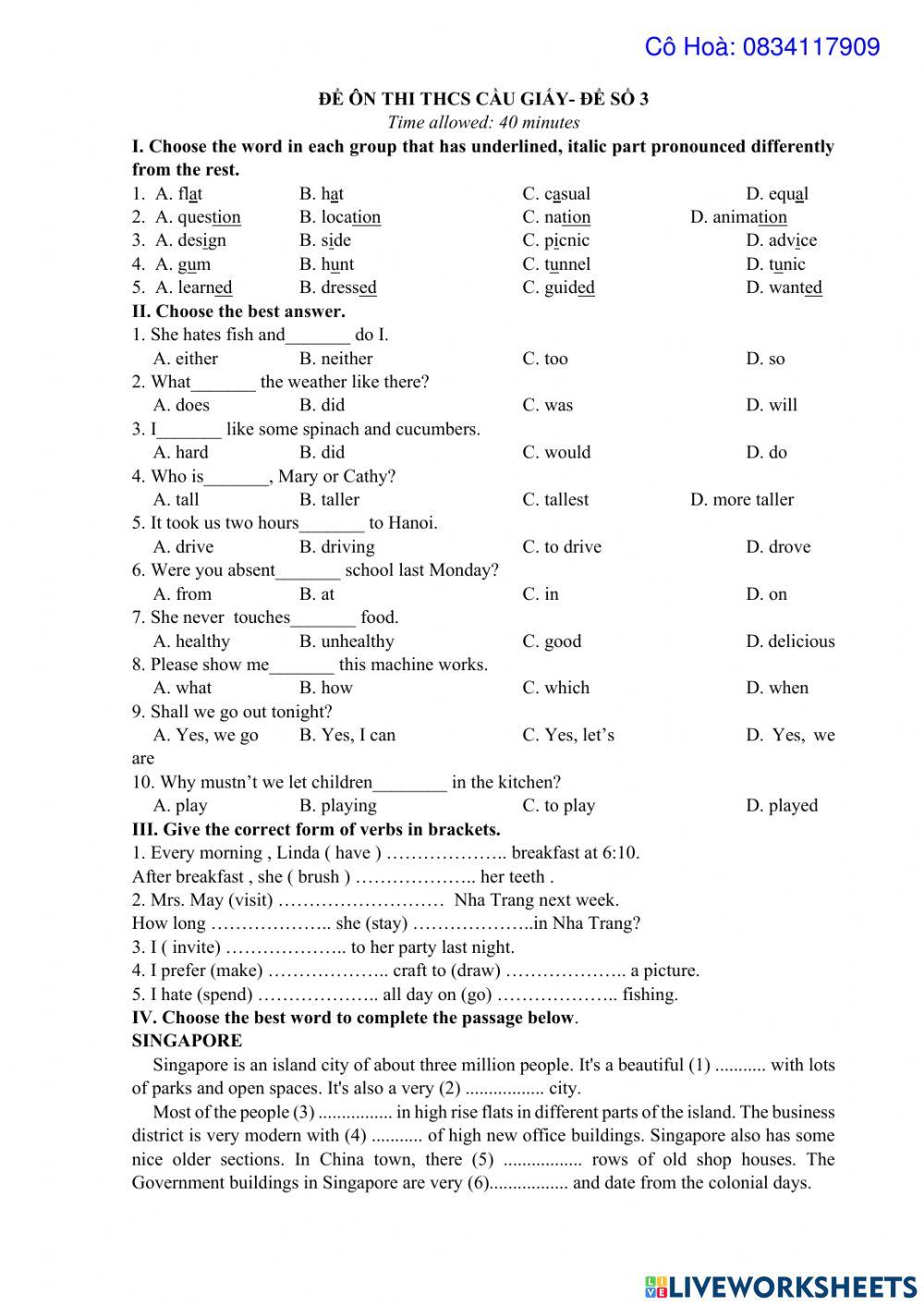 Đề luyện thi vào trường Cầu Giấy đề số 3