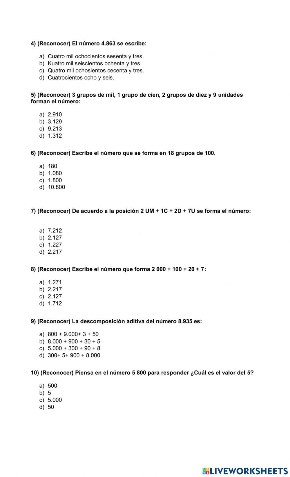 Prueba de n meros hasta el 10 000 abi cuarto b sico online exercise for