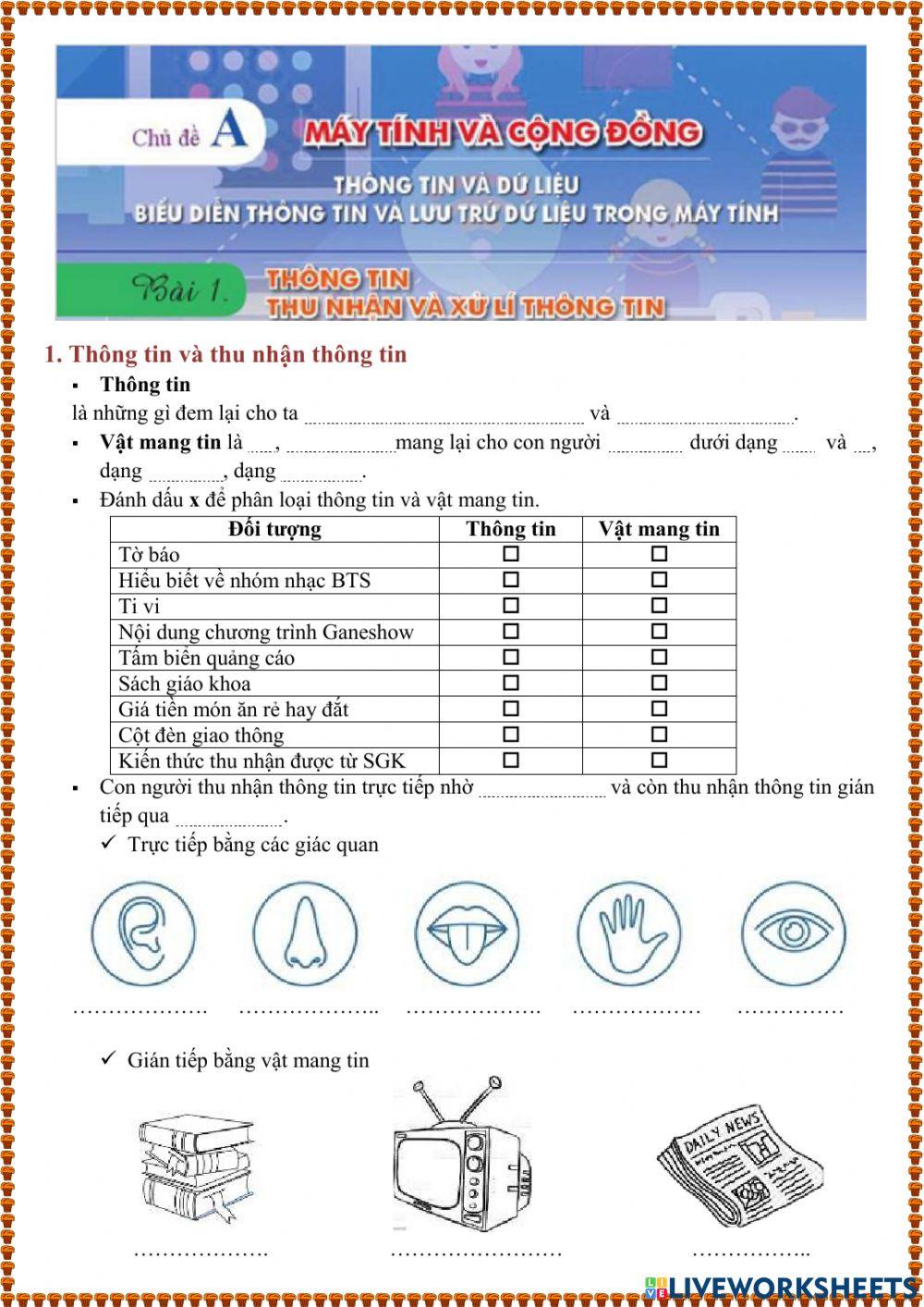 Tin học 6 - Chủ đề A - Bài 1. Thu nhận và xử lí thông tin