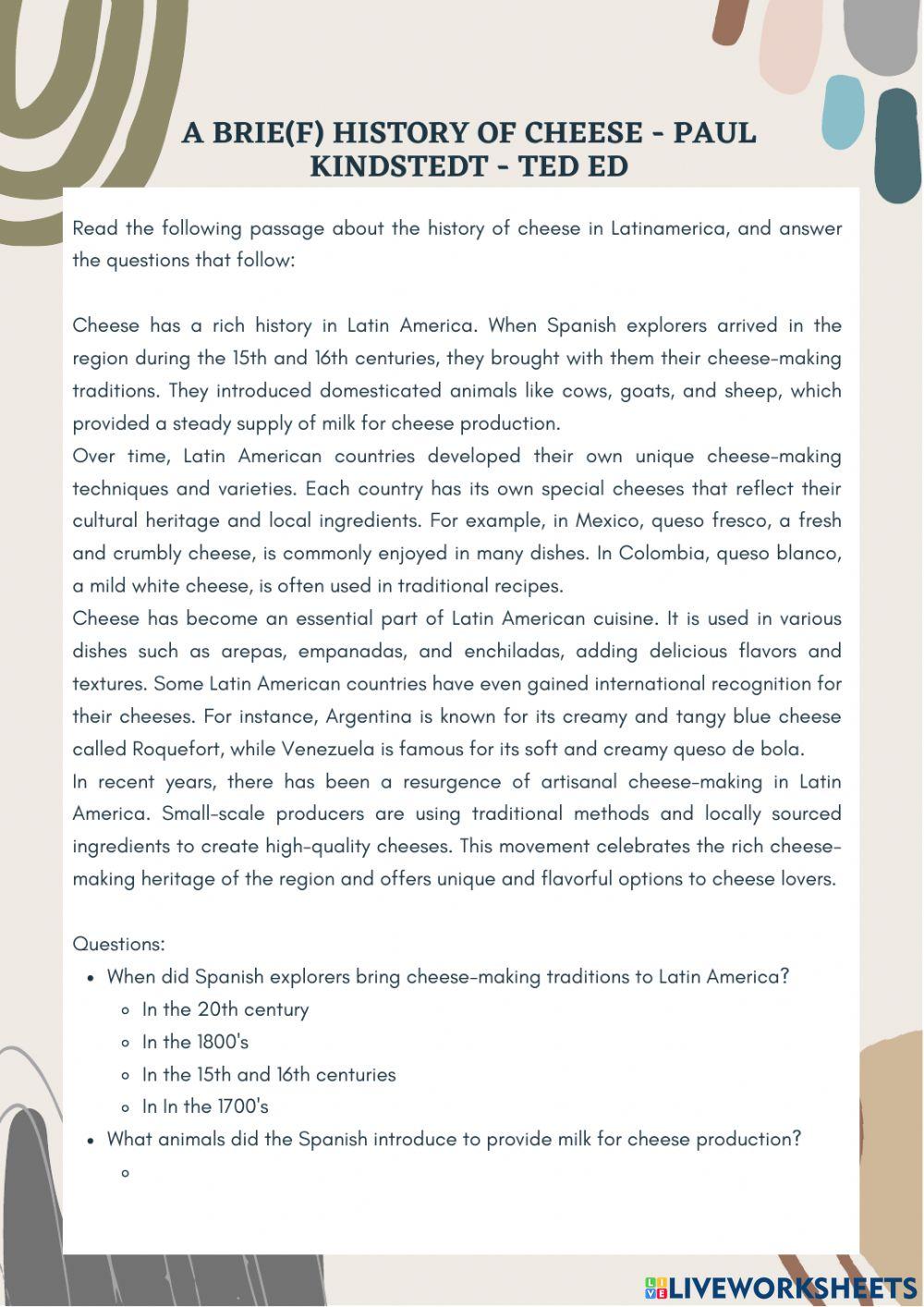 A Brief History of Cheese - Listening and Reading