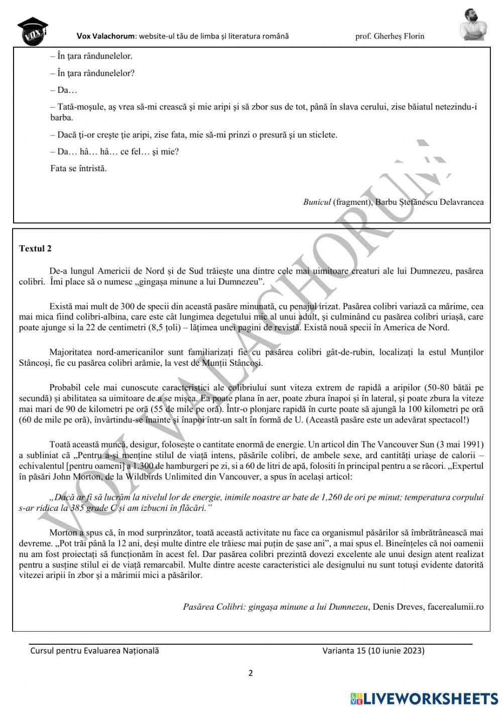 Simulare IV VOX VALACHORUM worksheet Live Worksheets