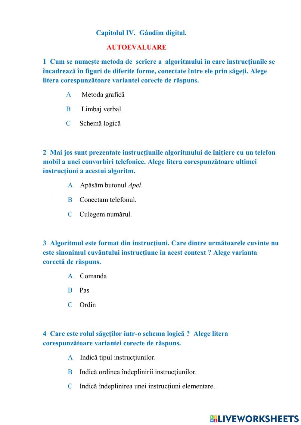 Capitolul IV. Gândim digital.  Autoevaluare