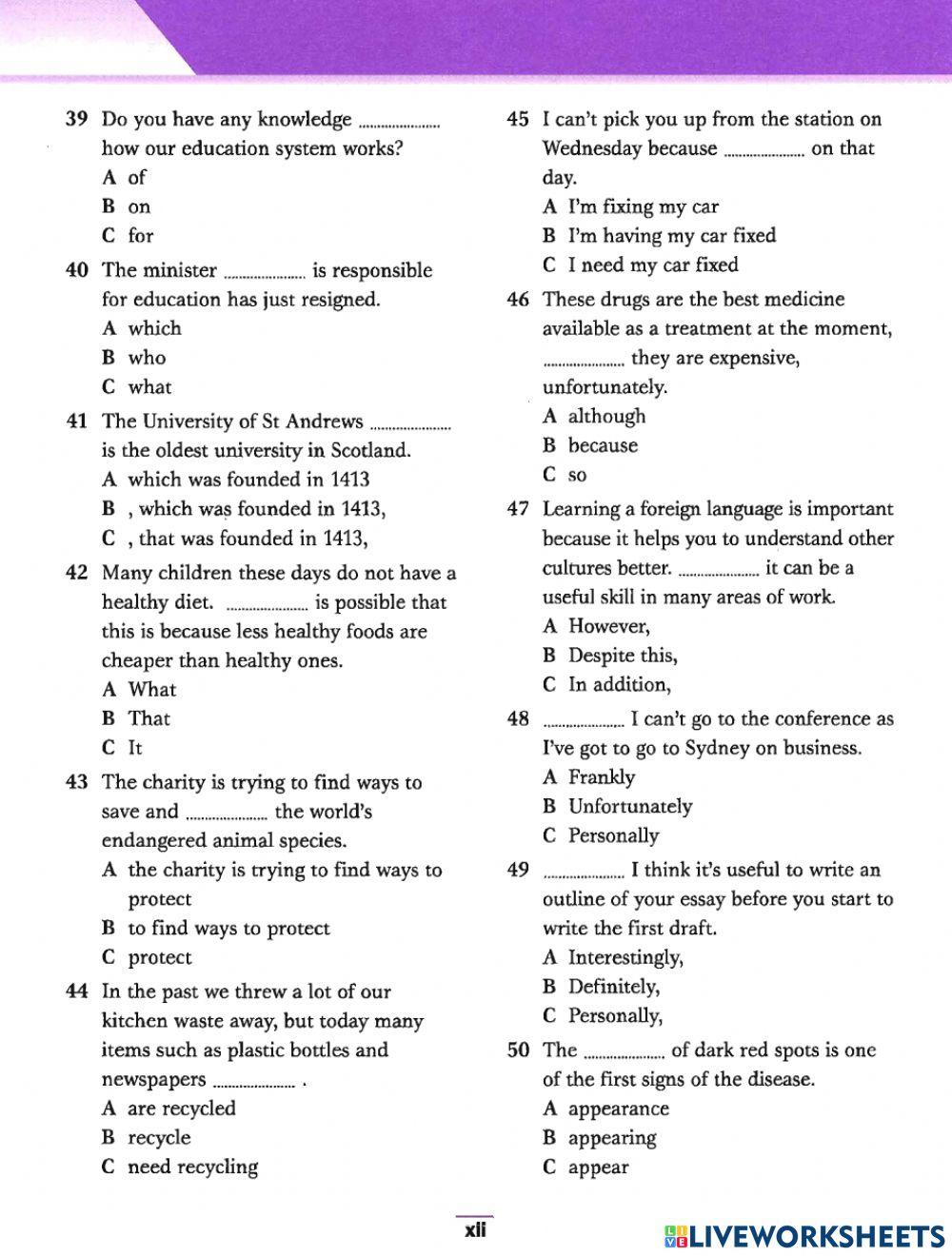 Placement test online exercise for 12 | Live Worksheets