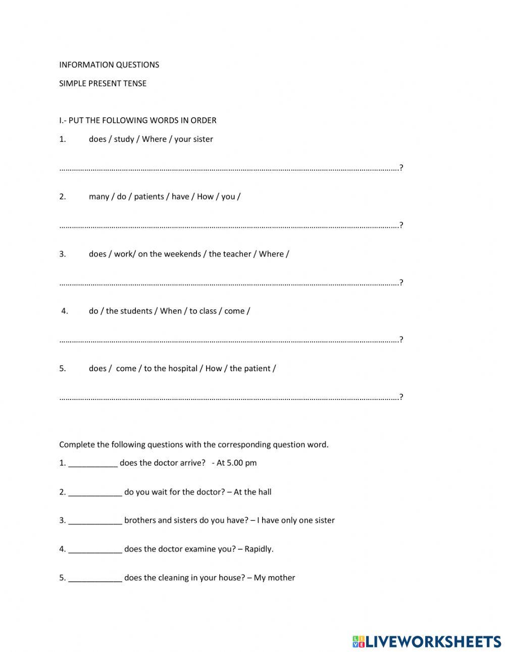 Information questions online pdf worksheet | Live Worksheets