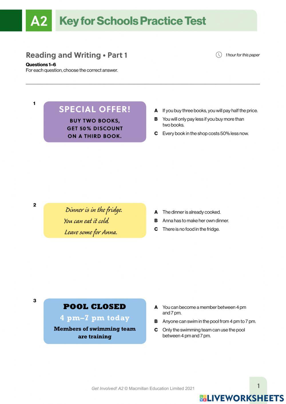 Ket a2 reading free interactive worksheets 7093912