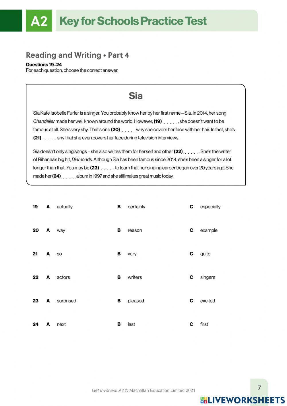 Ket a2 reading and writing worksheet live worksheets