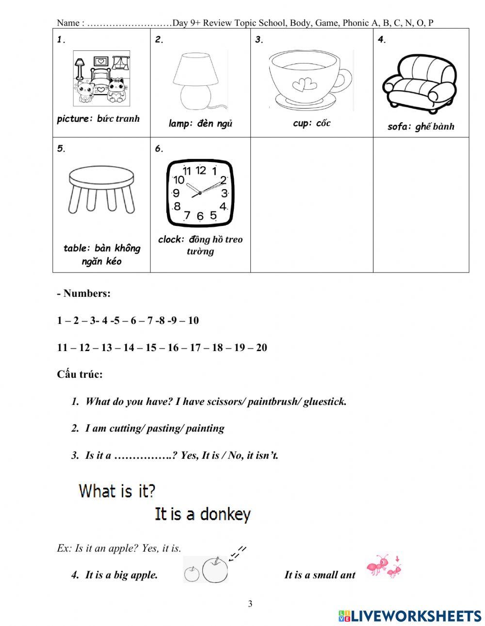 Review phonic A-B-C-N-O-P & Topic: School-body-game