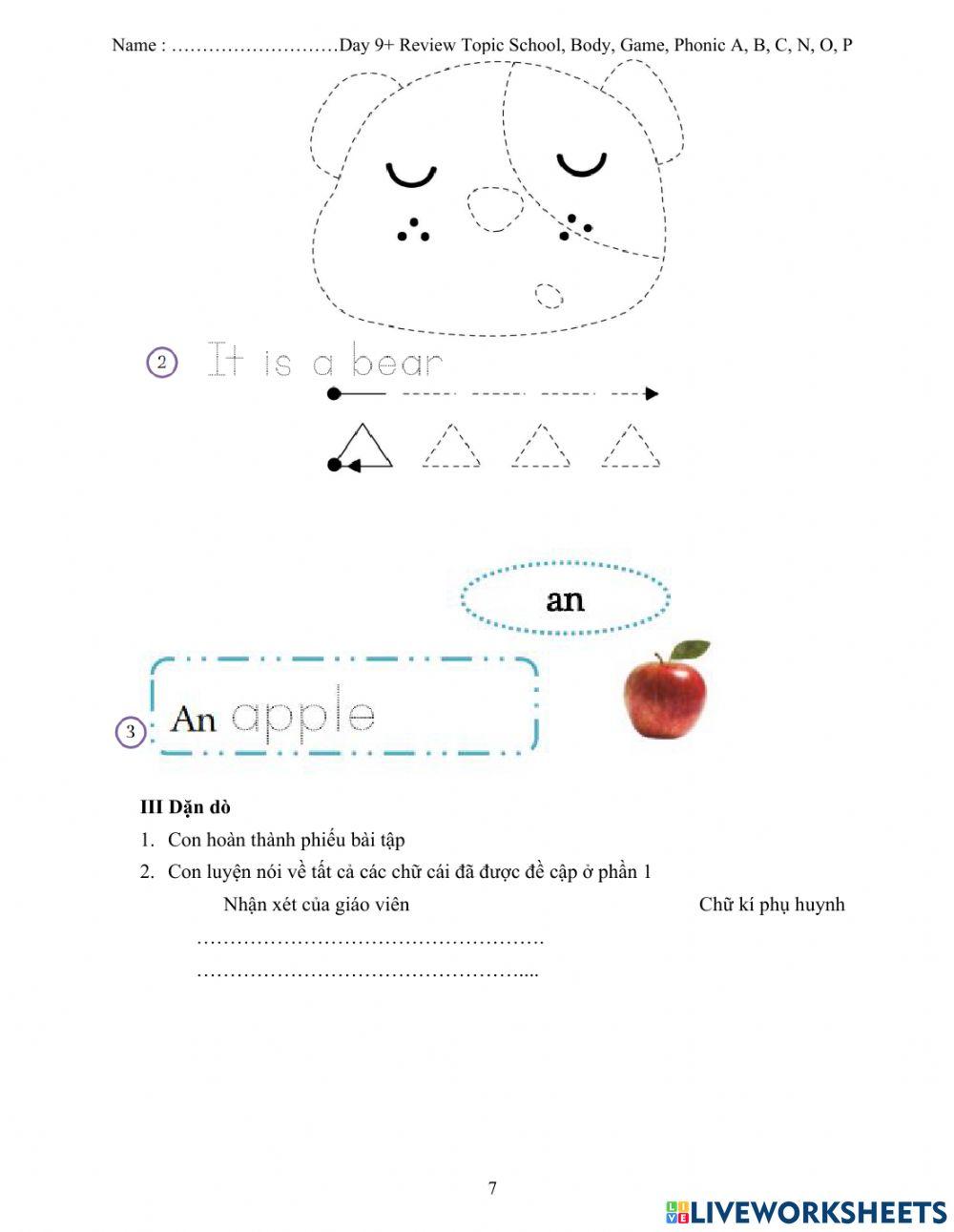 Review phonic A-B-C-N-O-P & Topic: School-body-game