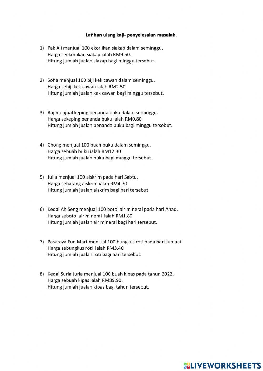 Latihan Pengukuhan Problem Solving-Nilai wang darab 100