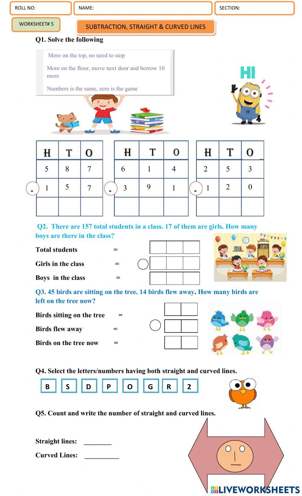 Worksheet of subtraction and lines