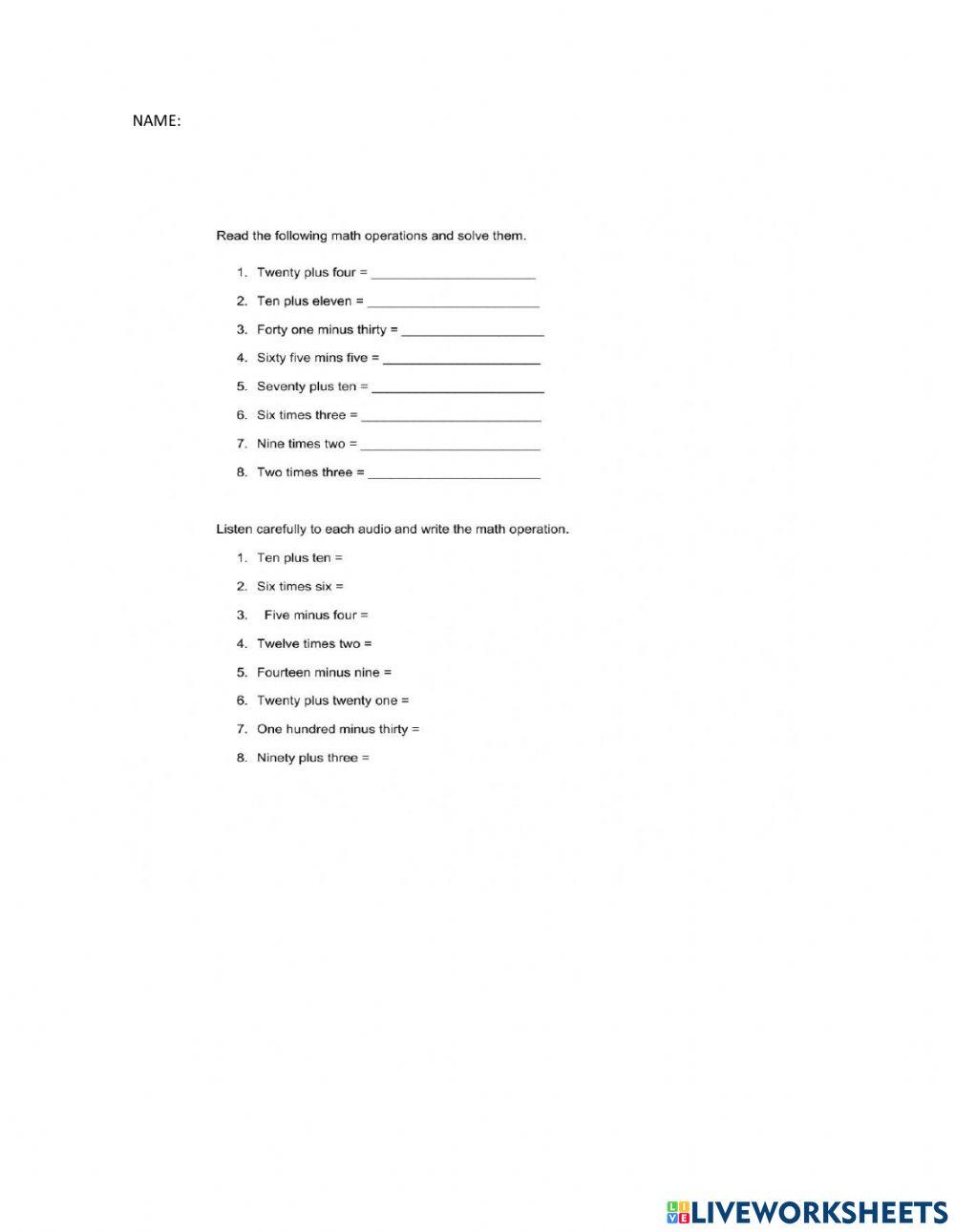 Basic Math Operations online exercise for | Live Worksheets