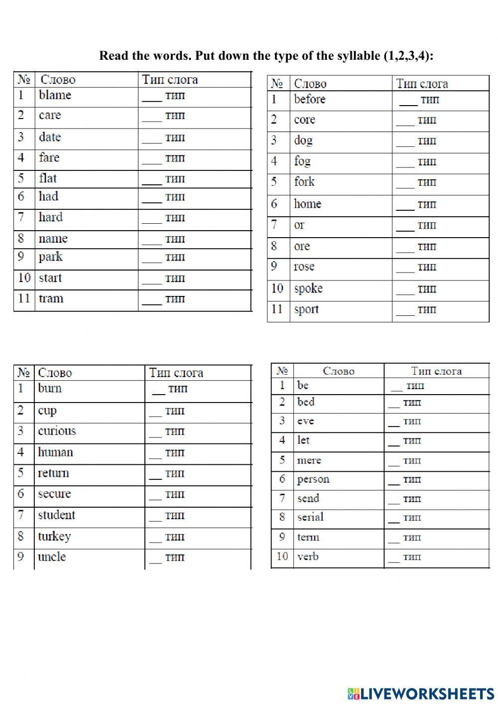 The types of the syllables