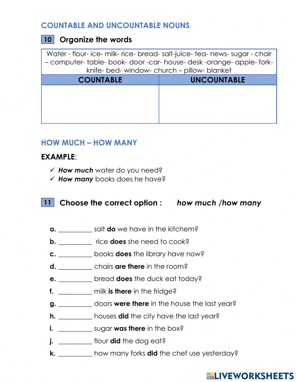 Countable and uncountable nouns online exercise for basic | Live Worksheets