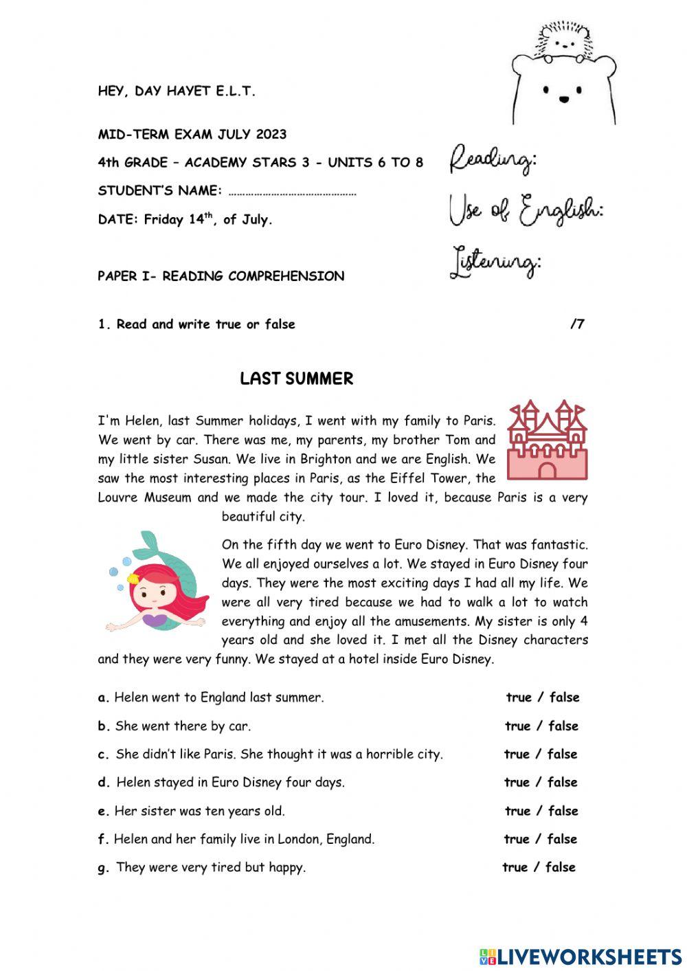 Fourth grade. Mid - term exam. Units 6 to 8