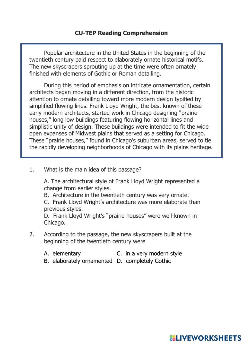 CUTEP Reading Comprehension (2) online exercise for Live Worksheets