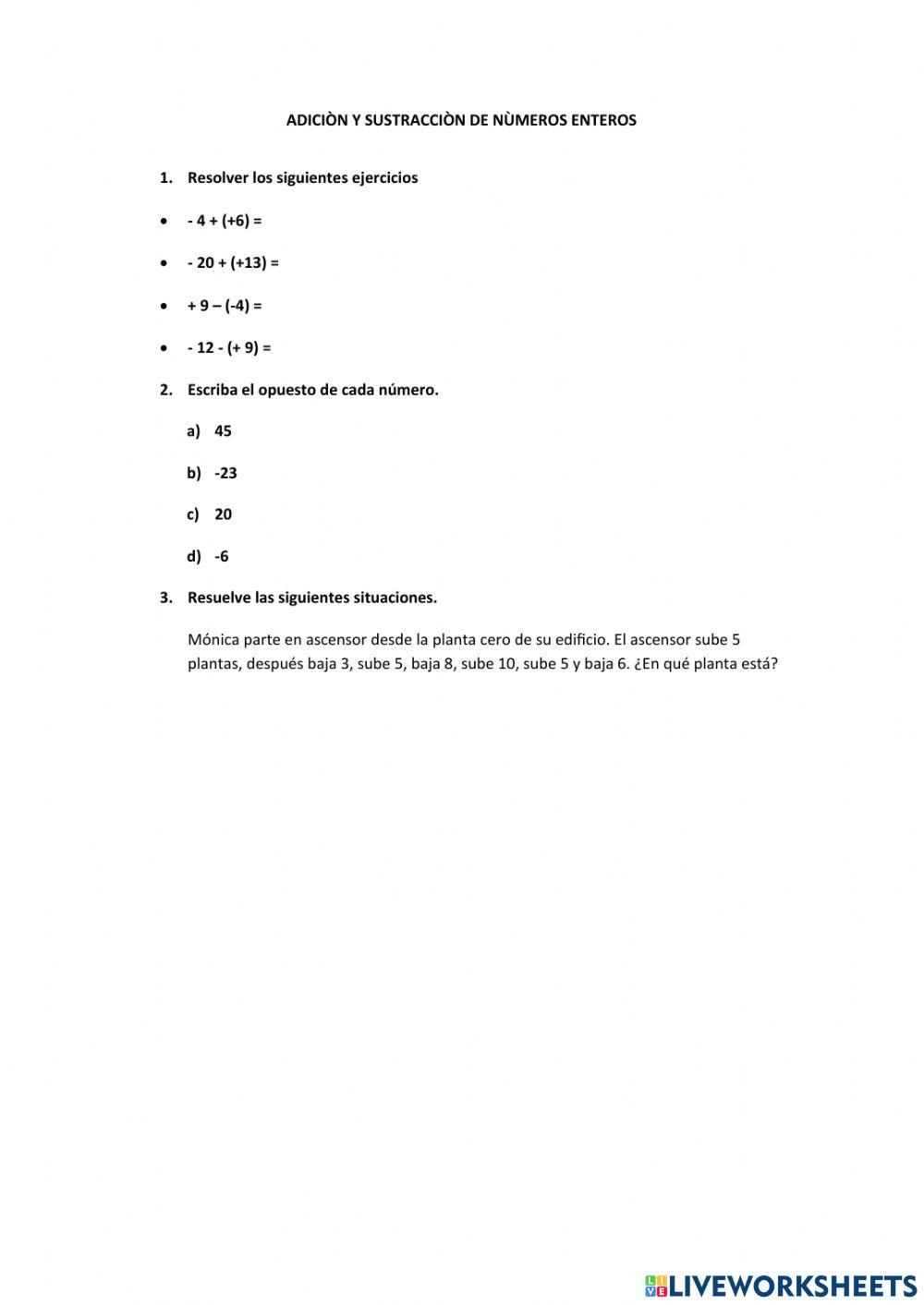 Adicion y sustraccion de numeros enteros