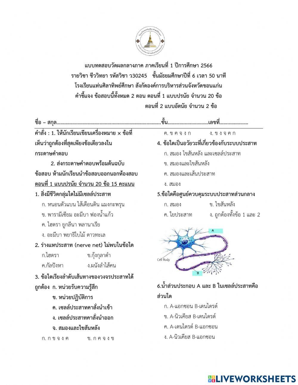 ข้อสอบกลางภาค ชีวะ ม.6