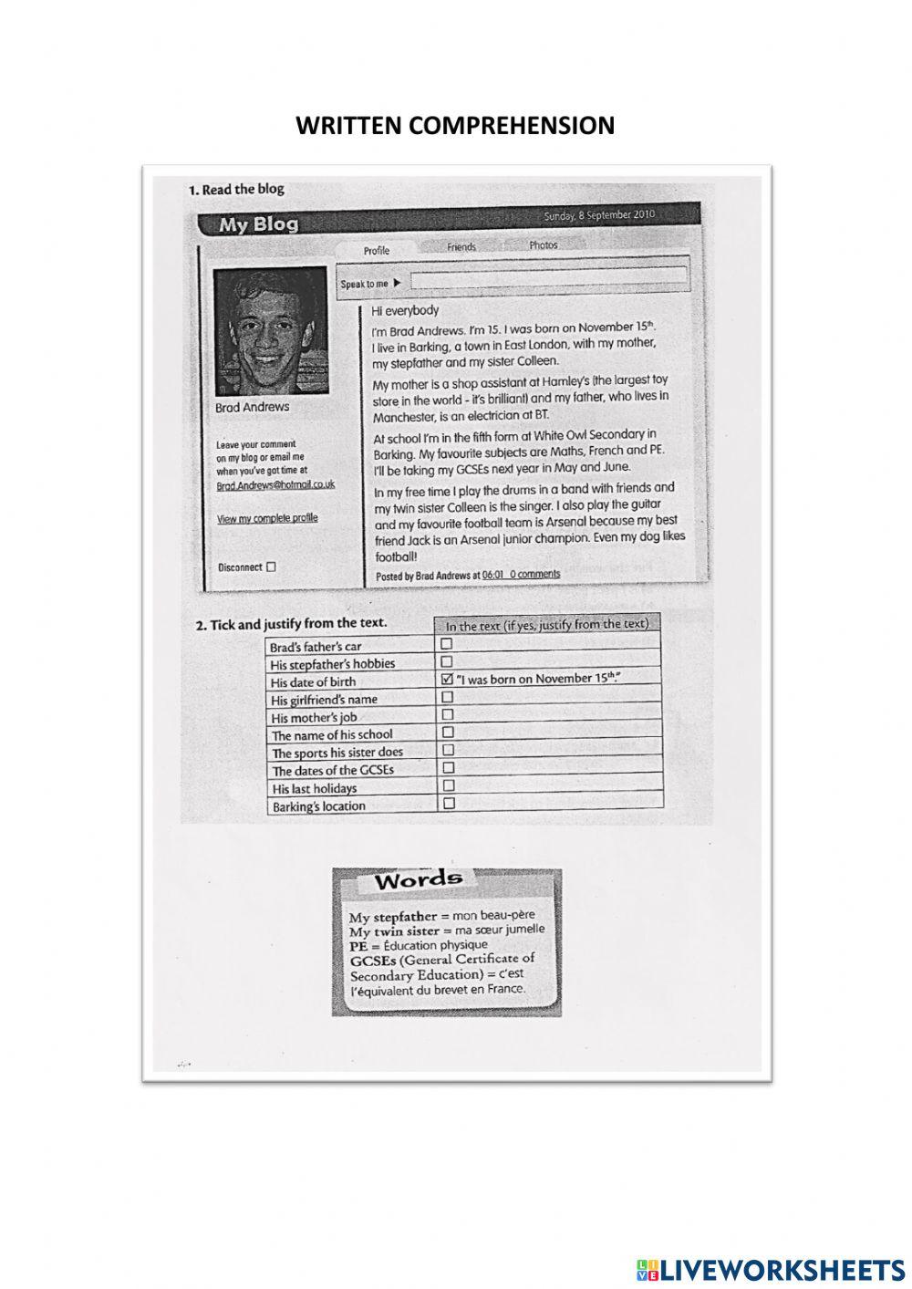 Written comprehension | Live Worksheets