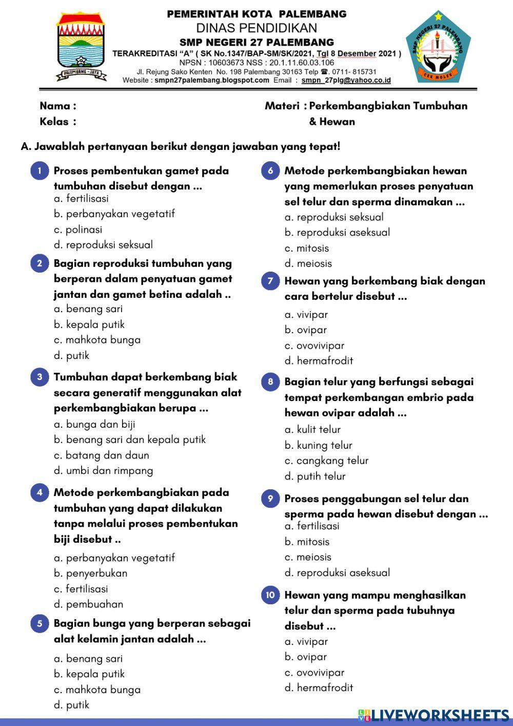 Soal Pilgan-Perkembangbiakan Tumbuhan & Hewan