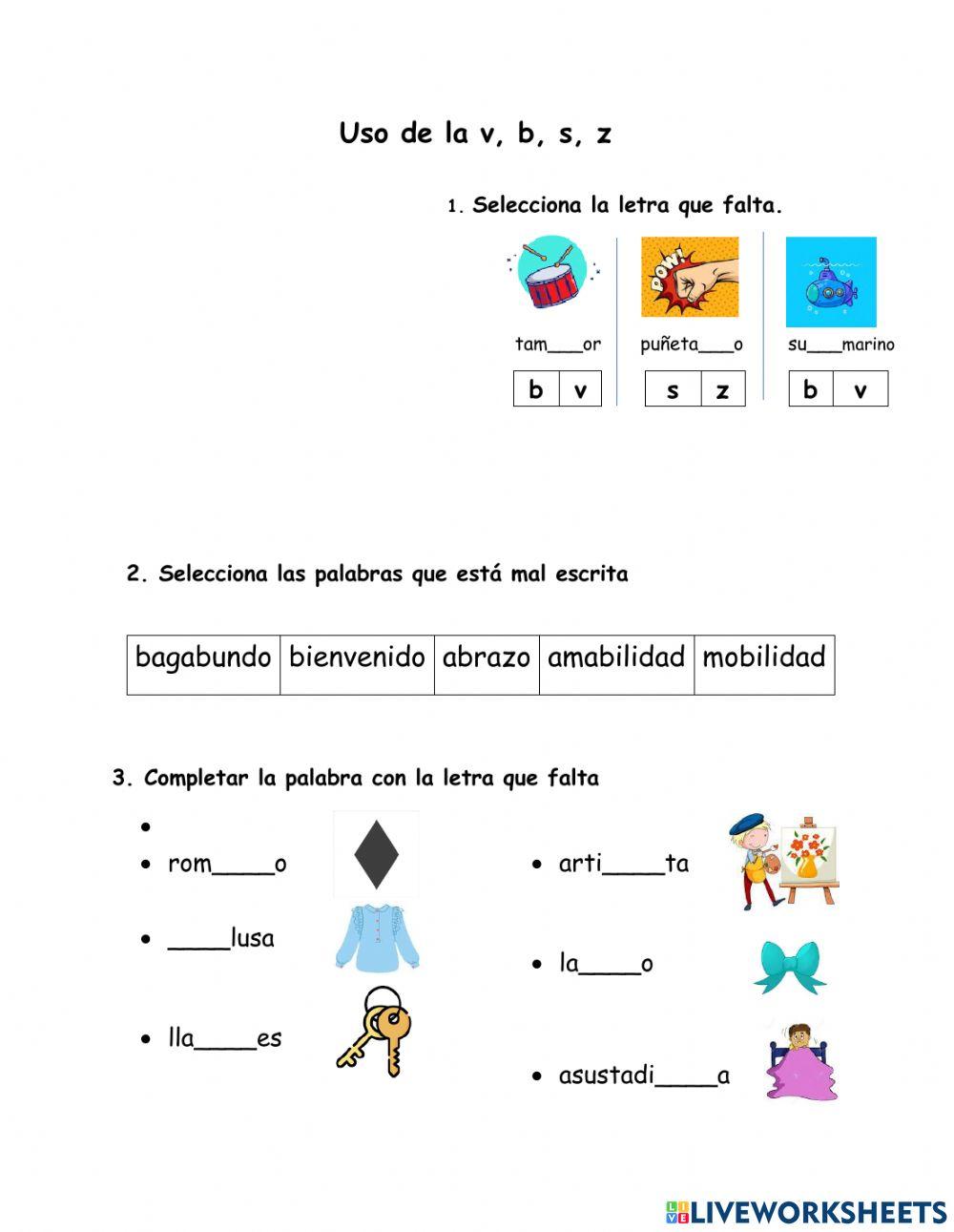 Uso de la v, b, s, z