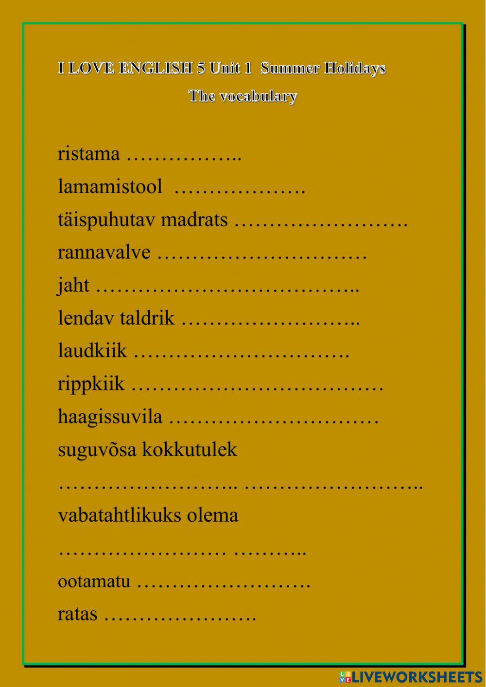 I Love English 5 Unit 1 Summer Holidays the vocabulary and expressions