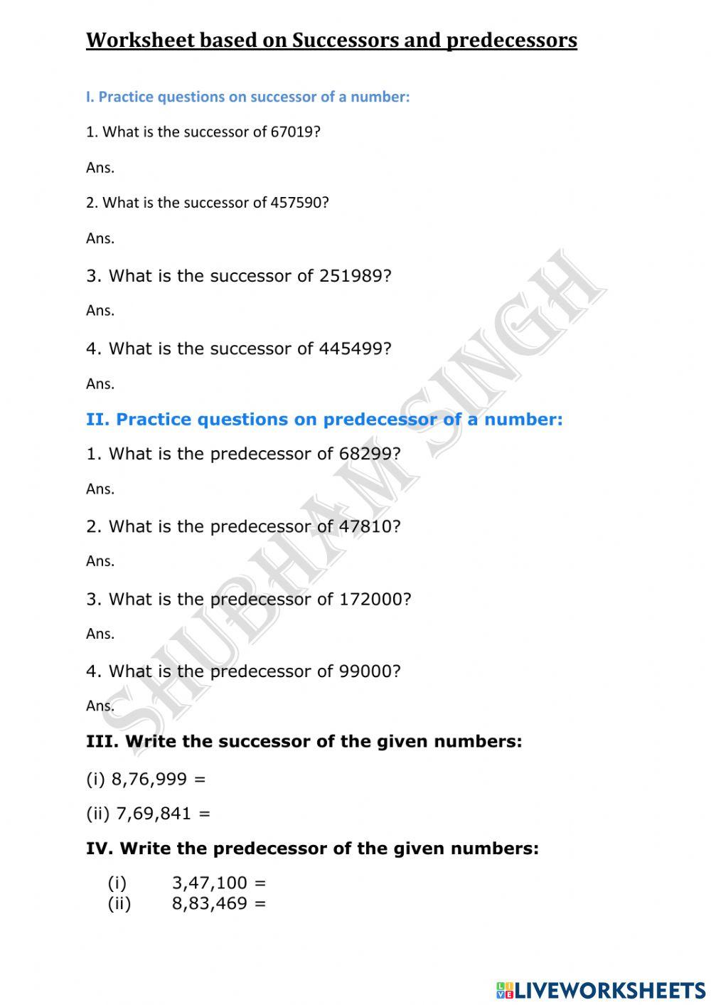 Successor and predecessor live worksheets