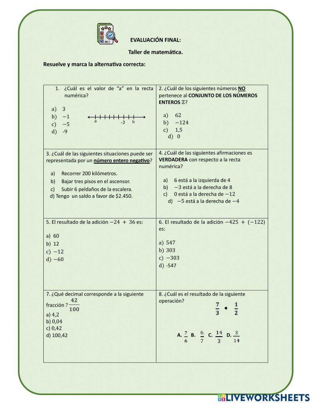 Evaluación final- Taller de matemáitca 7°