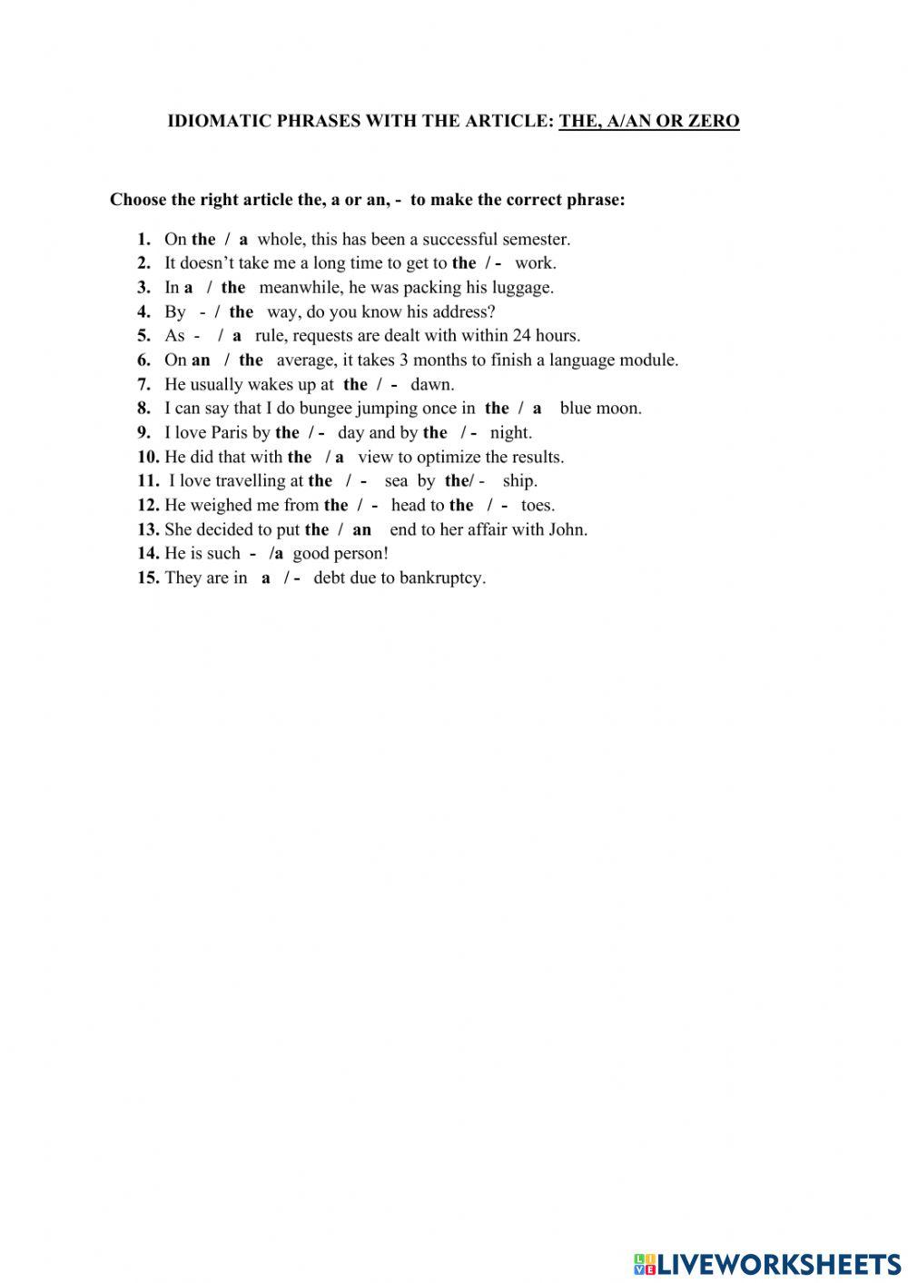 Idiomatic phrases with the Article