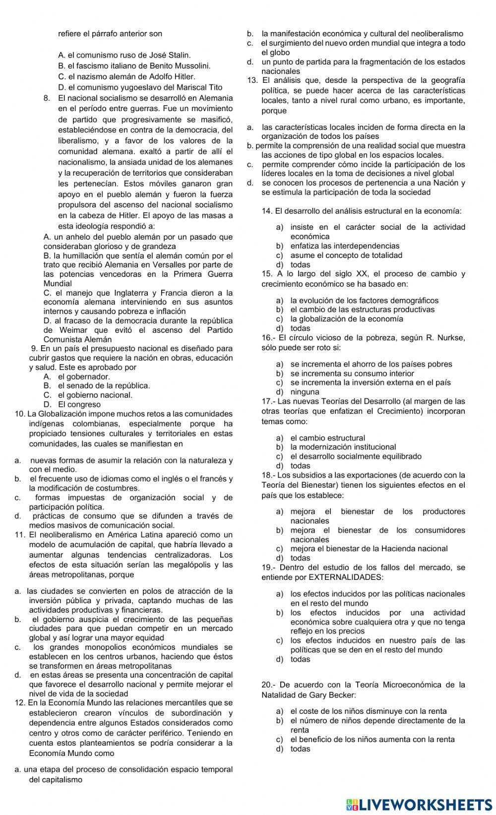 Prueba Decimo sociales trimestral II