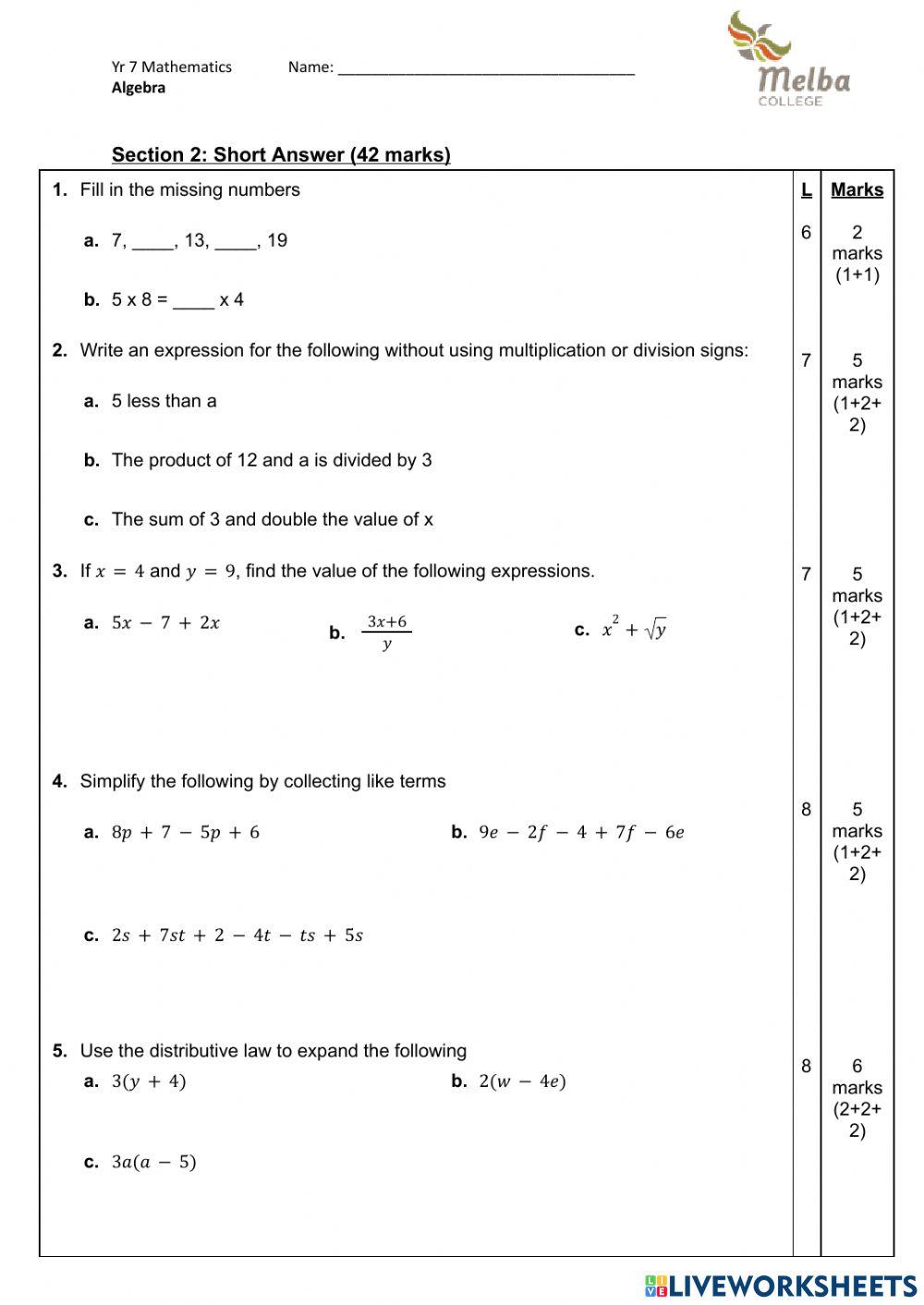 Year 7 chapter 5 algebra test cfeal live