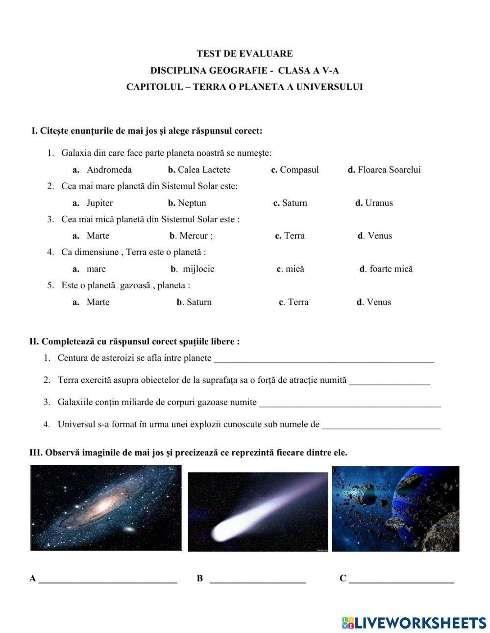 Test -Clasa a V a -Terra o planetă a Universului