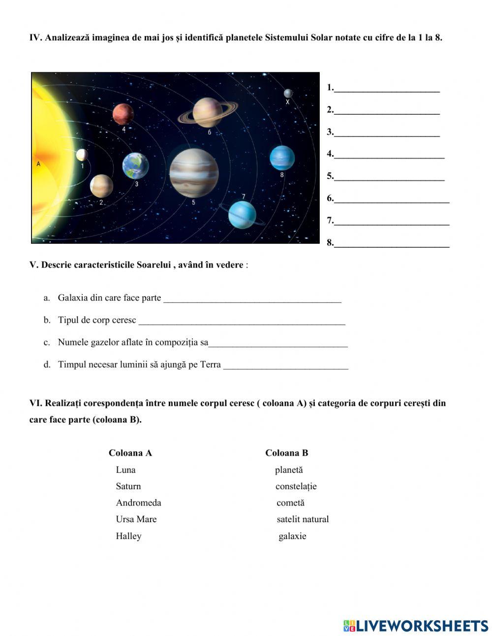 Test -Clasa a V a -Terra o planetă a Universului