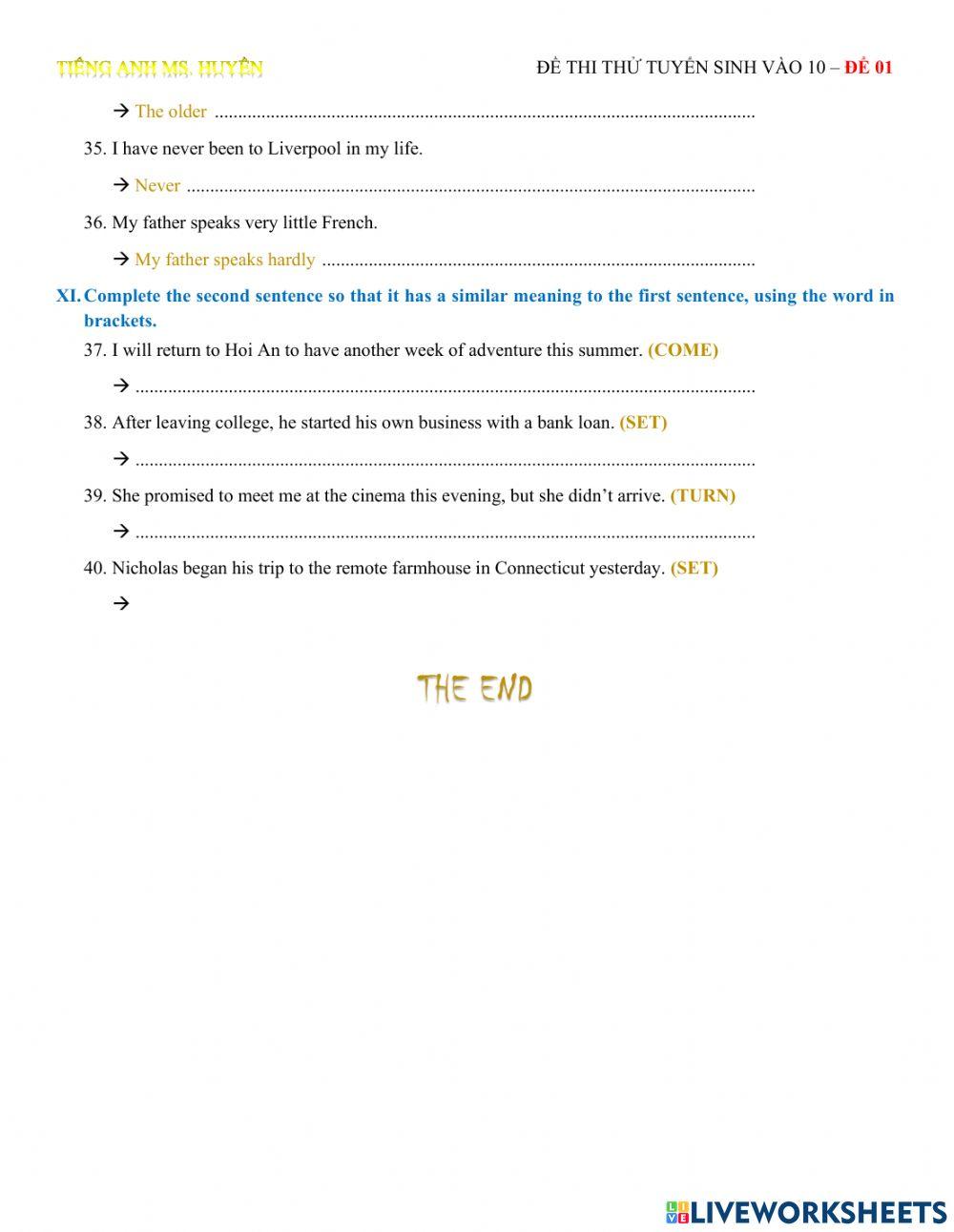 Tuyển sinh vào 10 - đề 01