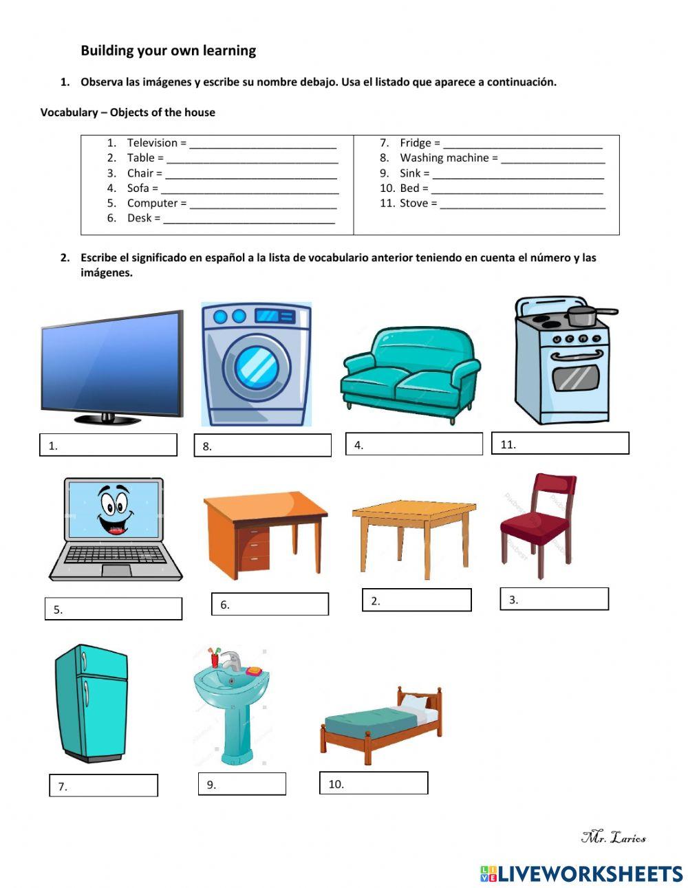 House objects and Furniture in Spanish - PDF Worksheet - Spanish