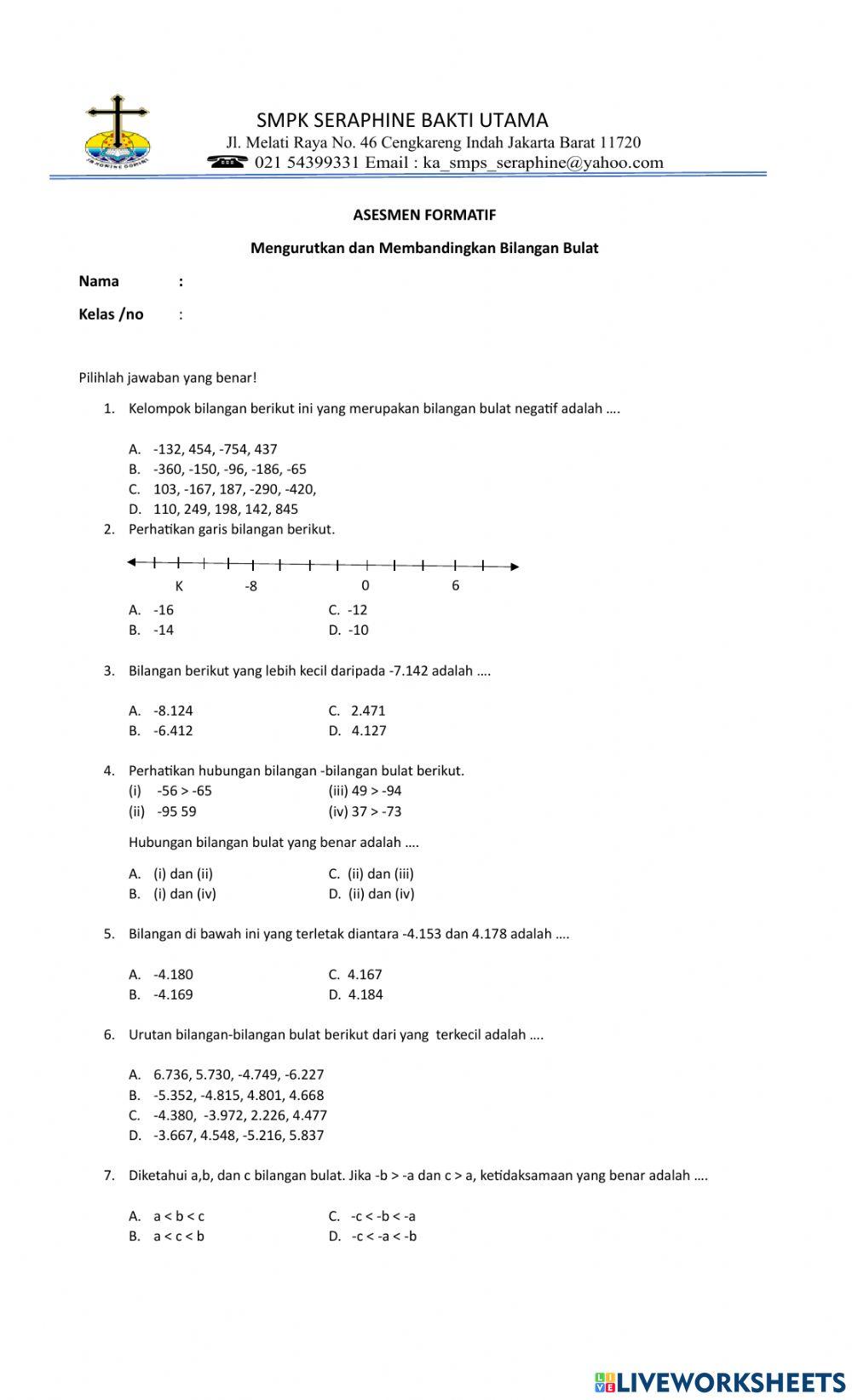 Asesmen Formatif Mengurutkan dan Membandingkan Bilangan Bulat