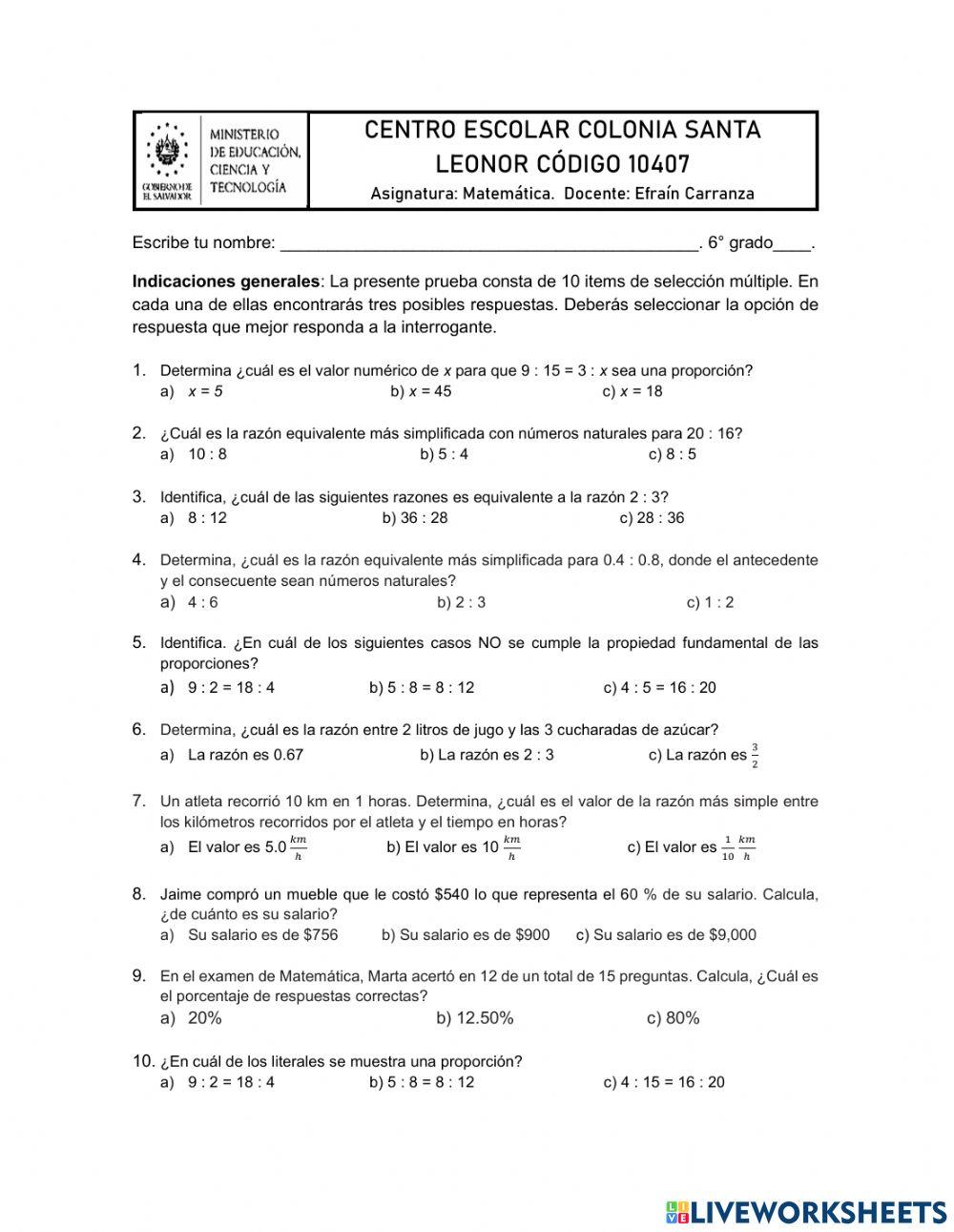 Porcentaje, Razones y Pproporciones