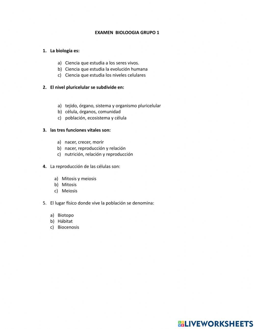 Examen biologia 1 ero grupo a