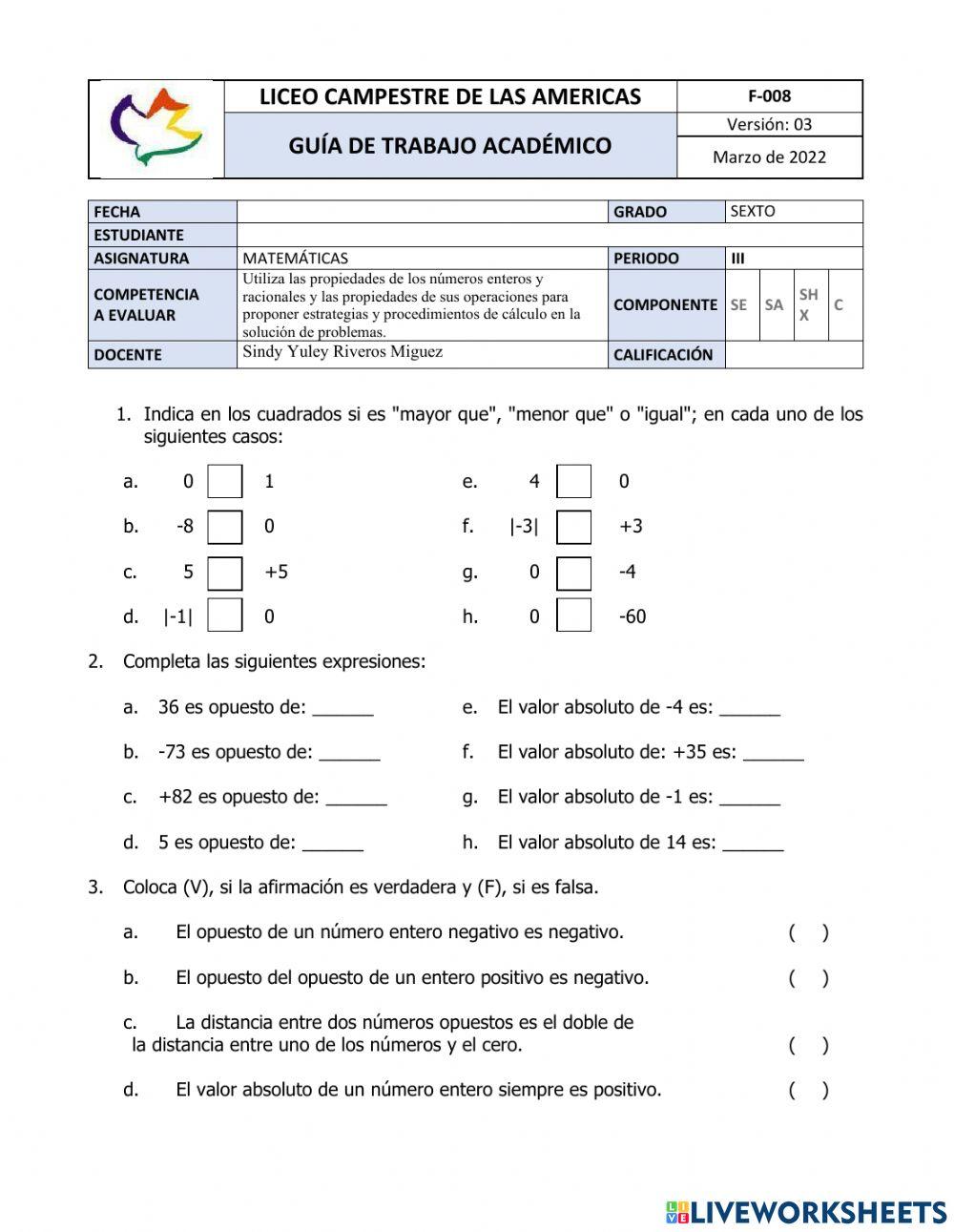 Orden números enteros y Valor absoluto