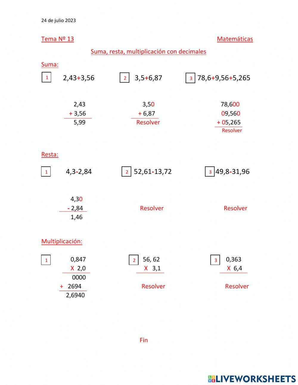Suma resta y multiplicacion con decimales