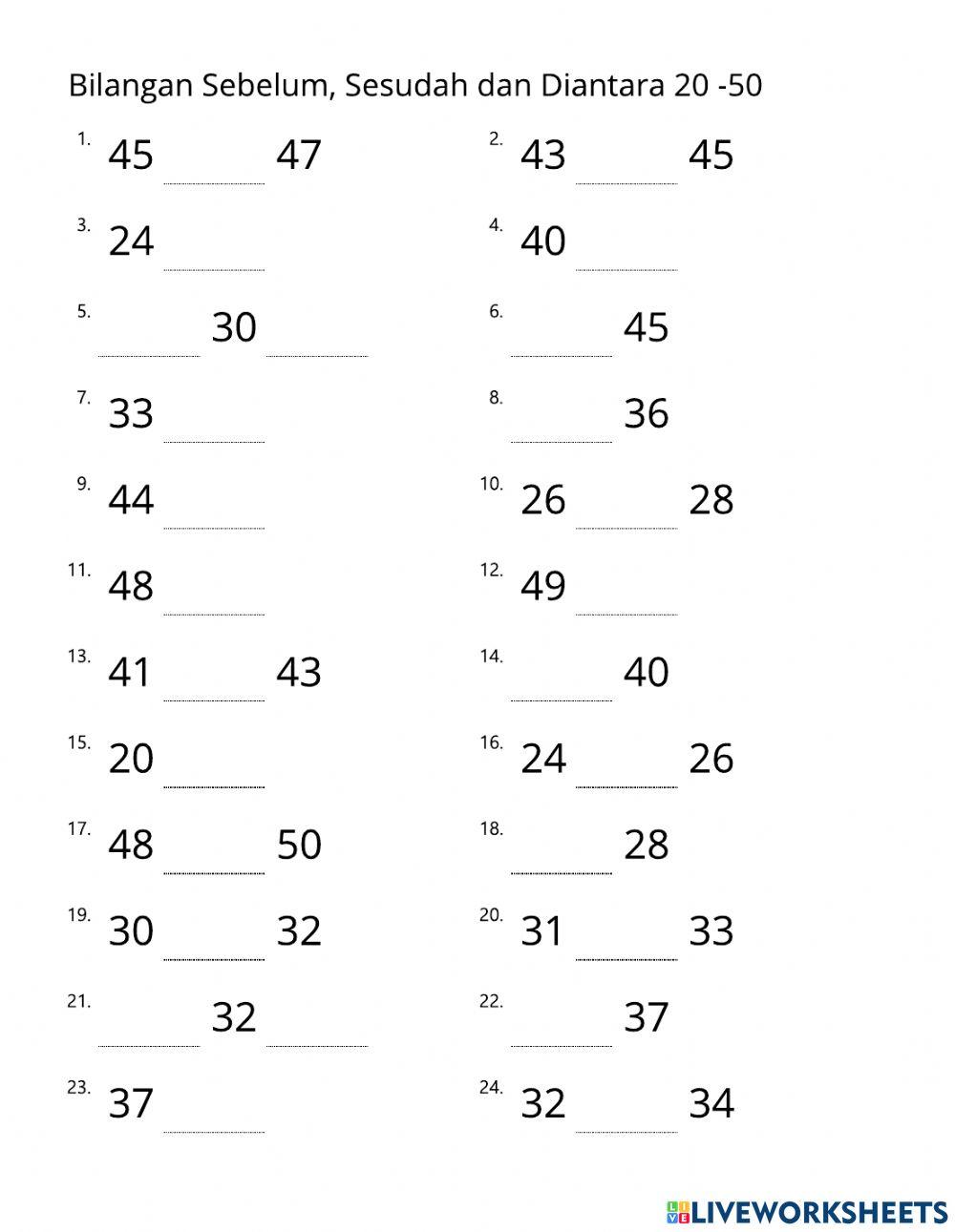 Bilangan Sebelum, Sesudah dan Diantara 20 -50 - A