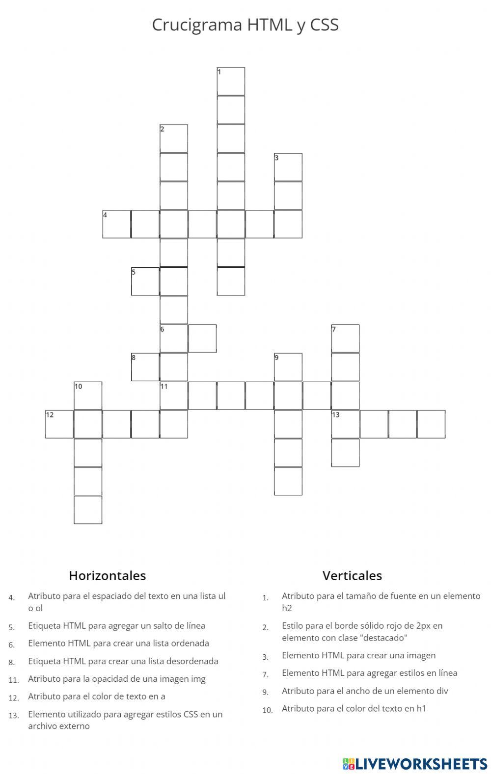 Crucigrama HTML y CSS worksheet | Live Worksheets