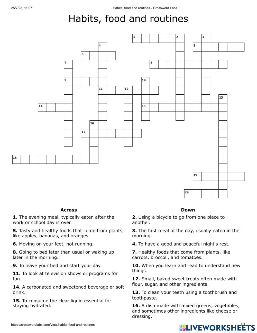 Habits food and routines crossword 2514