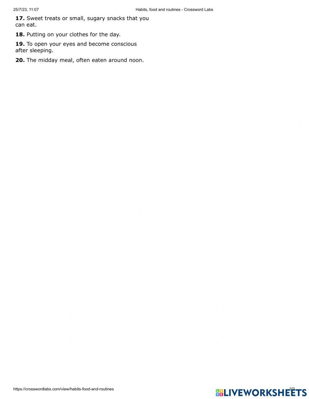 Habits food and routines crossword 2514
