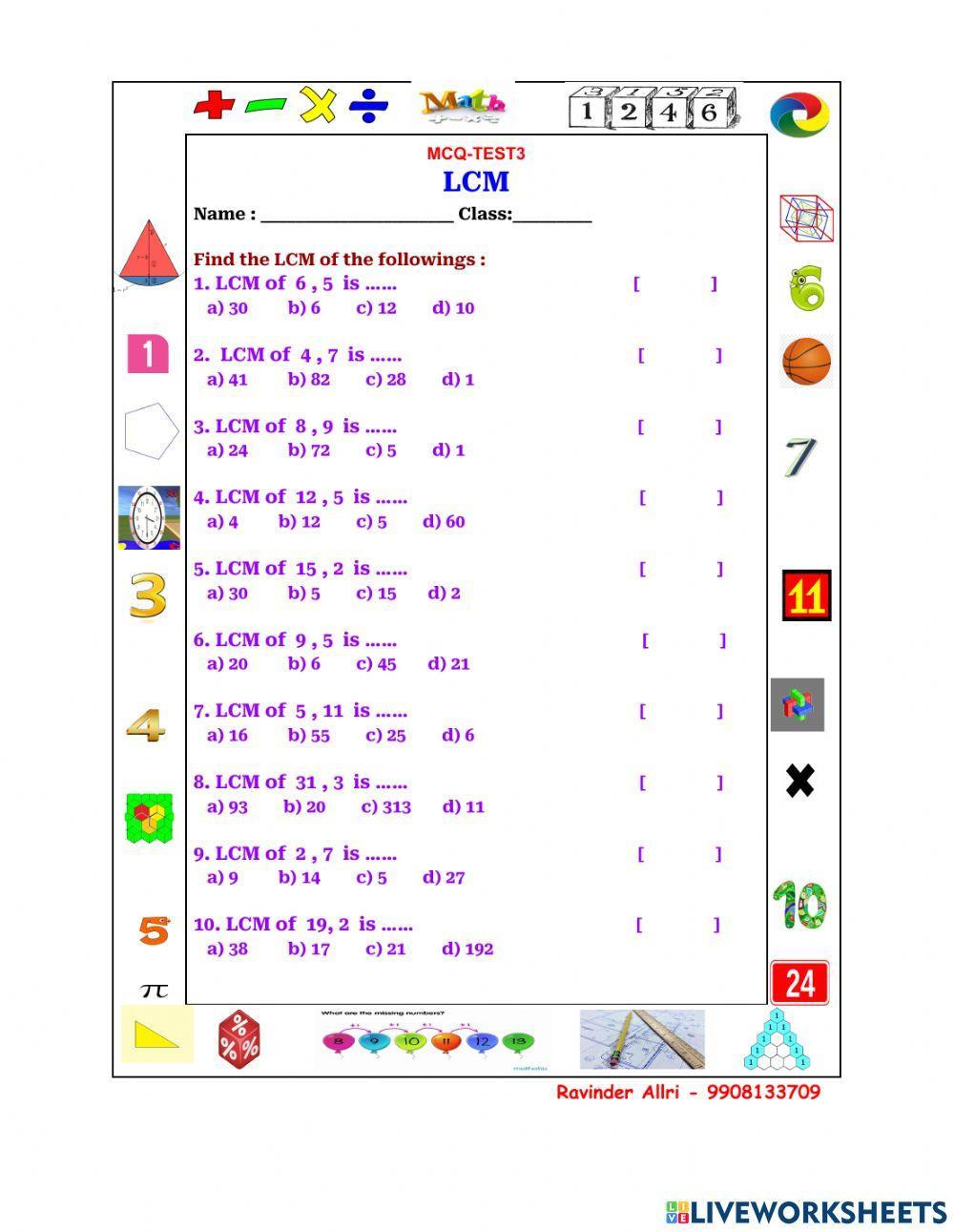 Mcq- test 3 - lcm worksheet | Live Worksheets