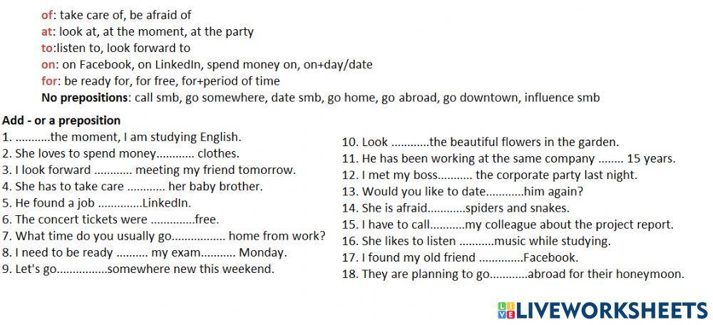 Prepositions practice of, to, on, at, for