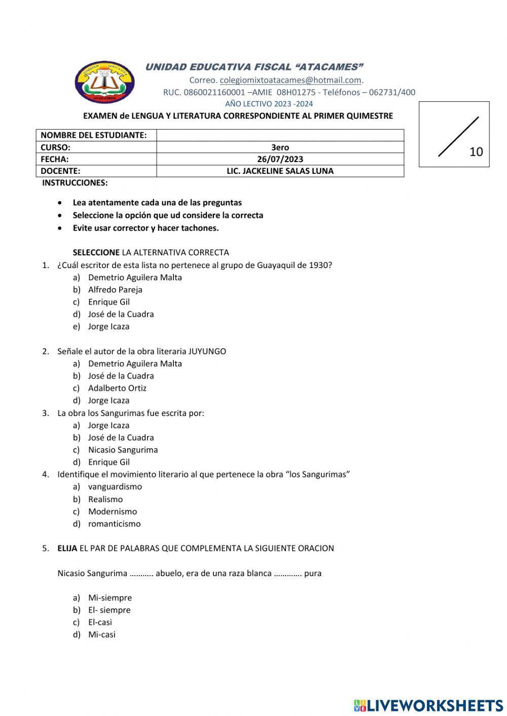 Examen lengua 1er trimestre