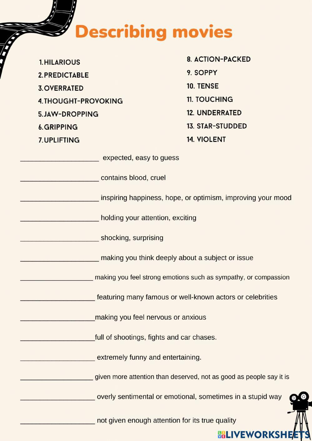 Describing movies online exercise for Live Worksheets