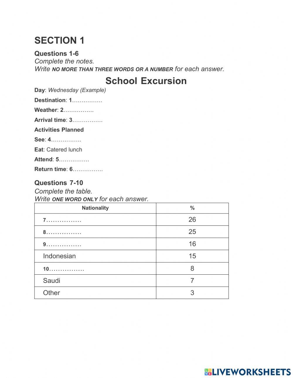 Listening recent actual 1 gap filling online exercise for live