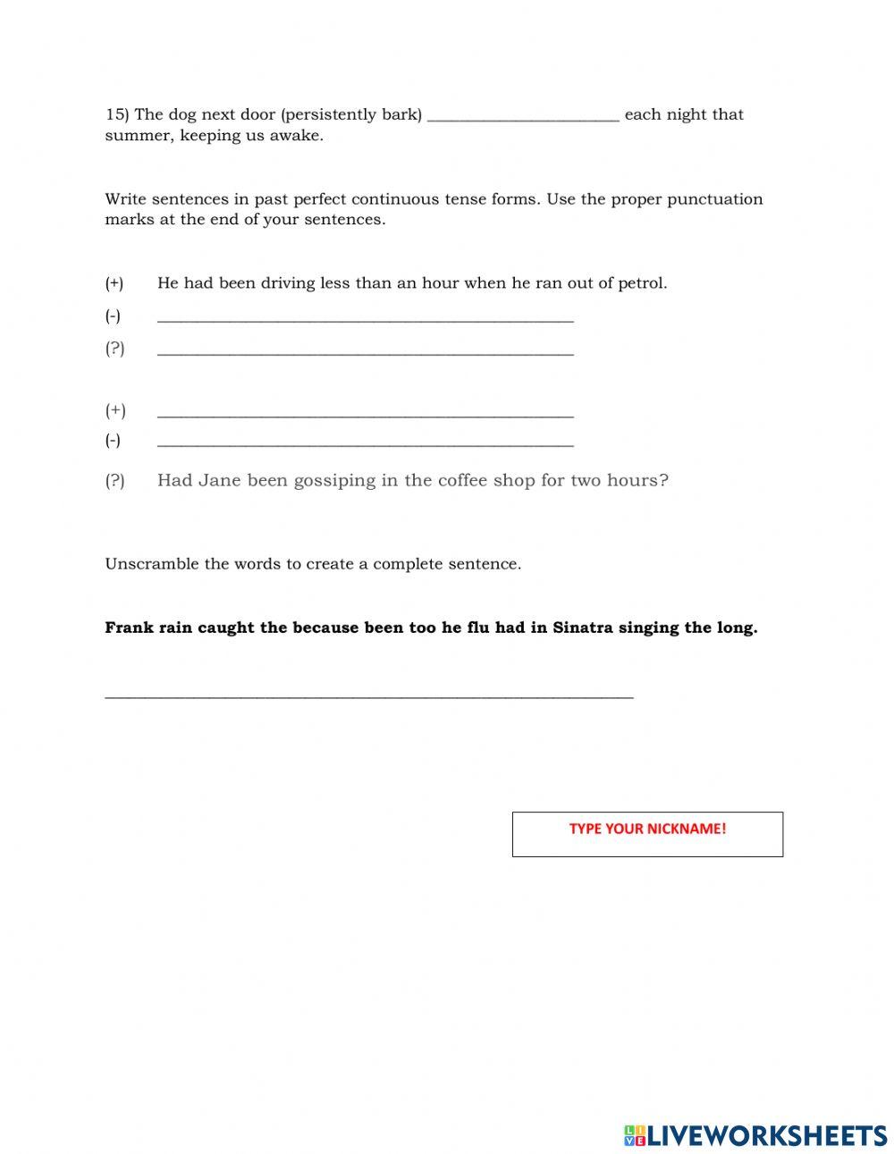 Past perfect continuous tense